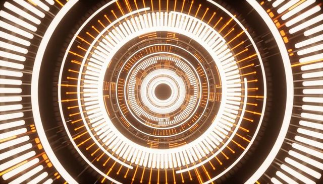 Glowing Futuristic Tunnel of Concentric Rings with Amber Circuitry and Radial Lights