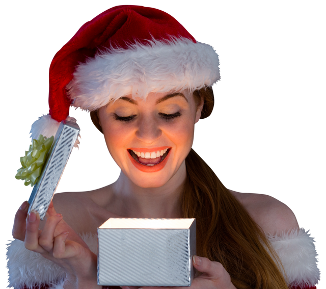 Happy Woman in Santa Costume Opening a Glowing Transparent Gift Box - Download Free Stock Videos Pikwizard.com