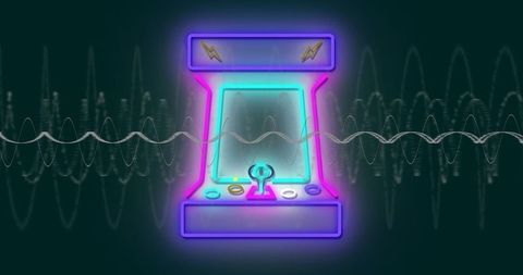 Futuristic neon arcade machine with pulsating waveforms