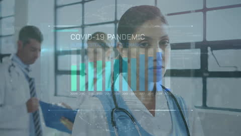 Female Doctor with COVID-19 Data Overlay, Modern Health Concepts