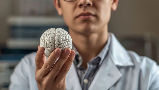 Scientist demonstrating brain model in clinical laboratory
