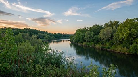 Tranquil winding river at dusk with lush greenery