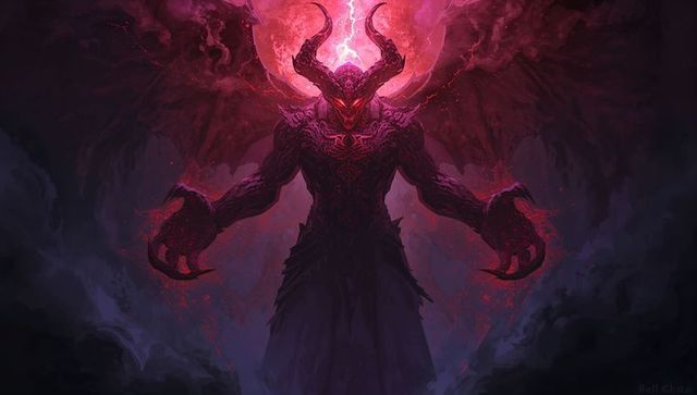 Horned Demon Under Blood Moon with Wings and Lightning