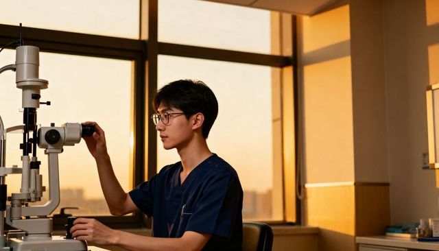Ophthalmologist examining eye with slit lamp biomicroscope during golden hour