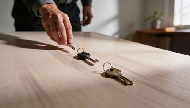 Executive choosing key from row of keys on desk for rental handover and decision concept