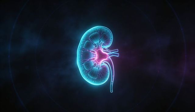 Neon holographic kidney illustrating renal anatomy and blood vessels in futuristic glow