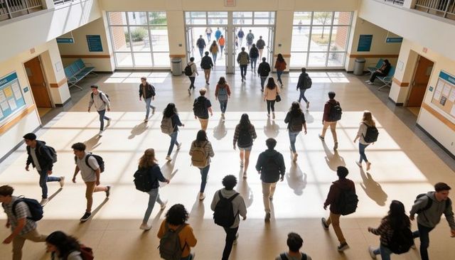 Students walking through sunlit campus lobby toward entrance carrying backpacks and heading to class