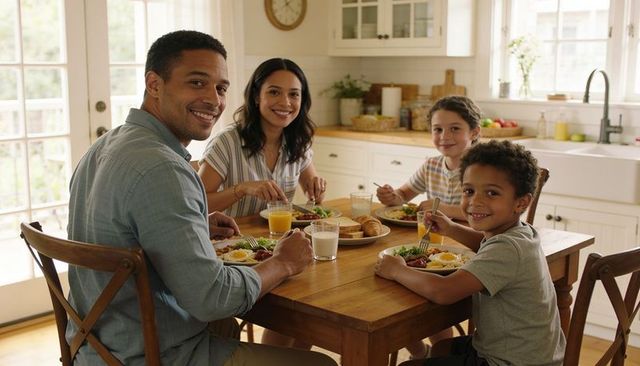 Smiling family sharing farmhouse breakfast at wooden table with croissants, juice