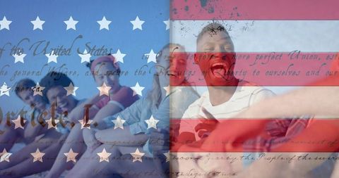 Group friends taking patriotic beach selfie with american flag overlay summer celebration