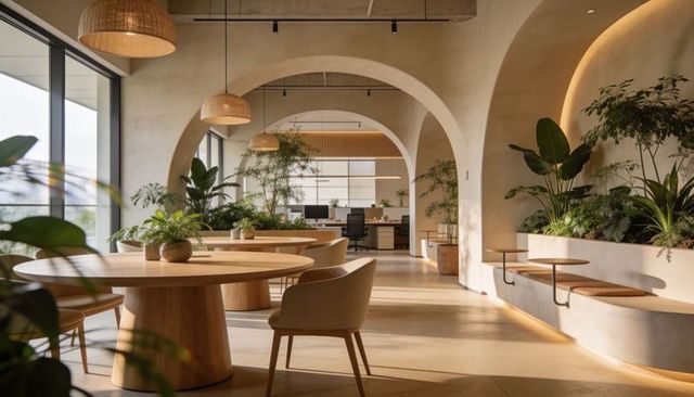 Sunlit biophilic coworking lounge with arched walkways and round wood tables