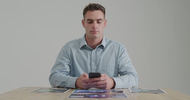 Man using smartphone at an office desk concentrating. Ideal for topics related to business, technology use, professional work environment, or office productivity. Can be used in articles or advertisements discussing digital tools in business, effective work habits, or professional life.