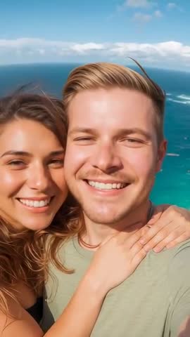 Couple posing for cliffside selfie with turquoise ocean horizon in vertical travel video