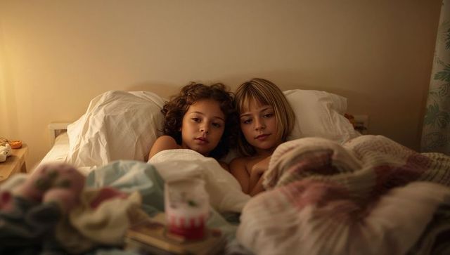 Two children cuddling under quilt at bedtime with warm lamp glow and cozy soft atmosphere