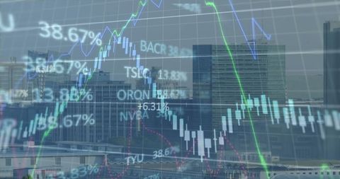 Financial graphs overlaying urban skyline depicting business trends