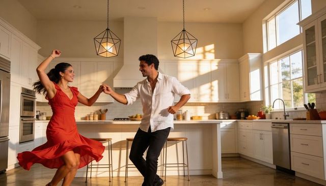 Couple dancing in sunlit modern kitchen near island woman in red dress twirling