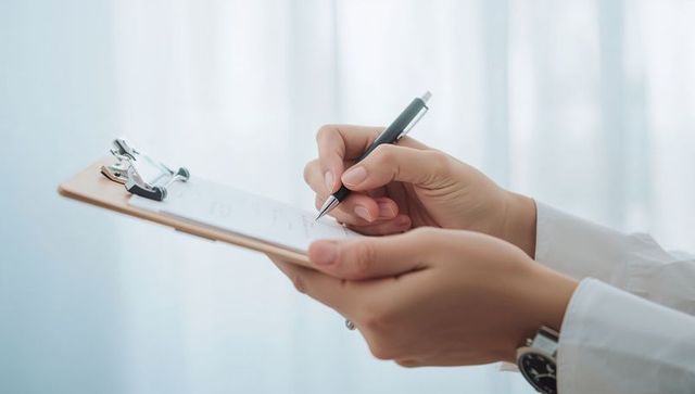 Clinician taking notes on clipboard with pen for medical documentation and patient records