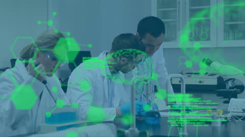Scientists Collaborating in High-Tech Laboratory with Data Overlay