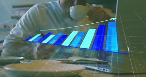 Professional Analyzing Data with Holographic Bar Chart Overlay
