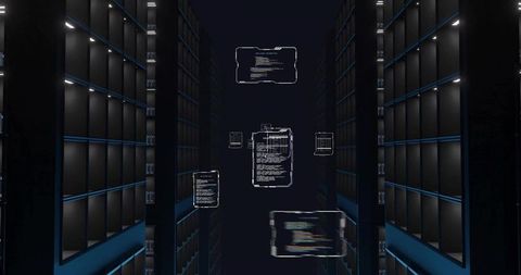 Holographic code panels floating between dark server racks with blue led neon glow