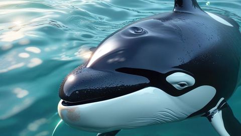 Close-up of orca whale surfacing in sunlit turquoise waters
