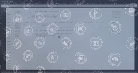 Digital Data Processing with Floating Tech Icons Animation