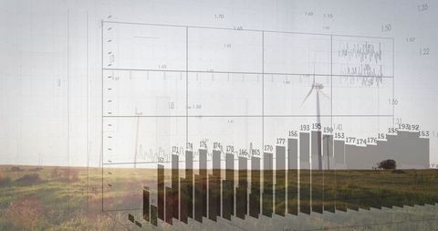 3d bar chart rising over rural grassland with wind turbine