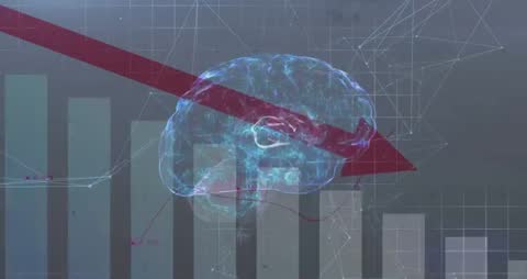 Futuristic Brain Analysis with Rising Data Graphs and Red Arrow