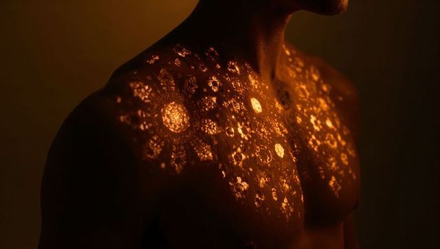Artistic golden mandala light patterns on male torso