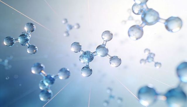 Floating blue molecular model glowing in 3D scientific render with atoms and bonds
