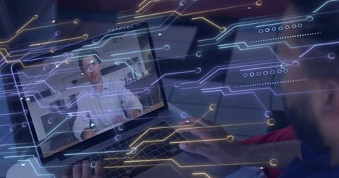Remote team member typing on laptop with presenter onscreen and digital circuit overlay
