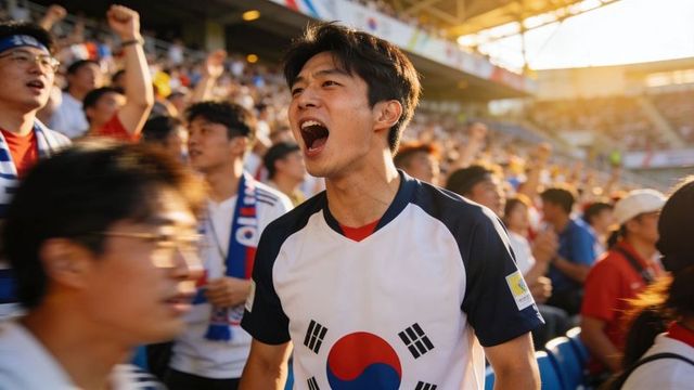 South korea football fan cheering loudly in stadium at golden hour
