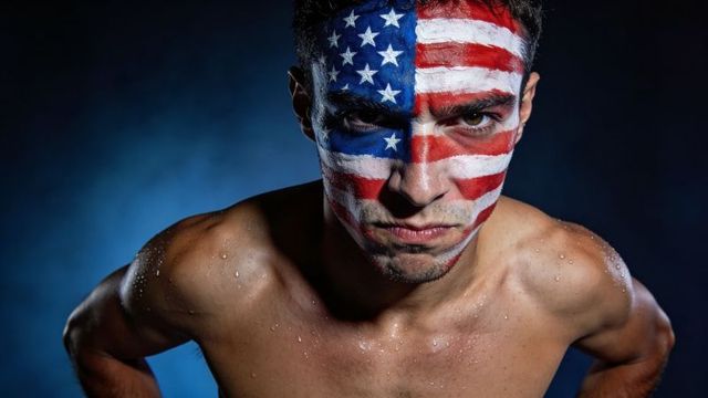 Intense american flag face paint on athletic man with water droplets and dramatic lighting