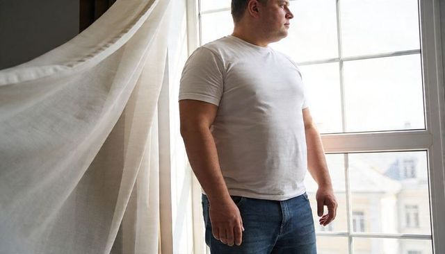 Introspective man standing by sunlit paned window with flowing sheer curtain in daylight