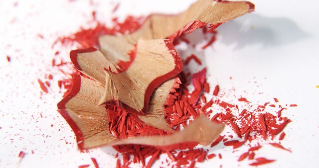 Red pencil shavings are scattered on a white background, with copy space. Pencil shavings often indicate a creative process or the act of sharpening ideas and thoughts.