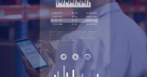 Warehouse technician scanning inventory with smartphone, HUD displaying logistics insights