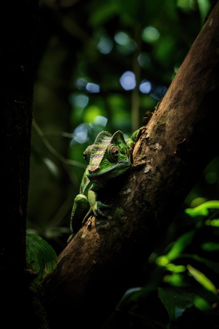 Green Chameleon Climbing Tree Branch in Dense Forest - Download Free Stock Images Pikwizard.com