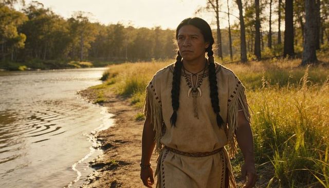 Indigenous man walking riverbank wearing buckskin tunic and braided hair at golden hour