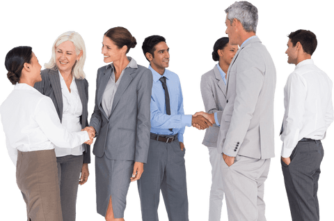 Group of diverse business people meeting and shaking hands, representing networking and collaboration. Suitable for illustrating corporate teamwork, professional gatherings, and business communication. Ideal for presentations, brochures, or websites focused on building business relationships.