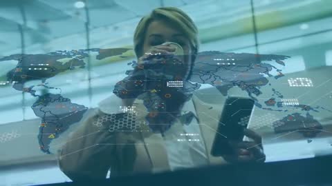 Businesswoman Enjoying Coffee While Engaging with Global Connectivity