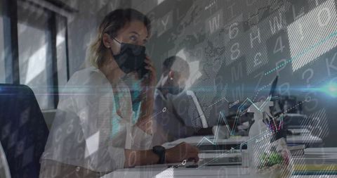 Masked Professional using Smartphone with Digital Data Overlays in Office