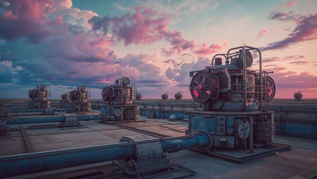 Industrial Turbines on Rooftop at Sunset