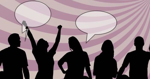 Silhouette of Active Supporters with Speech Bubbles on Pink Background