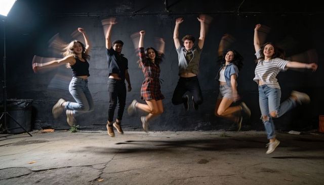 Jumping friends creating motion blur under studio spotlight in gritty urban alley, denim