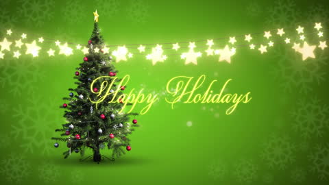 Festive Christmas Tree with Holiday Greetings on Green Backdrop