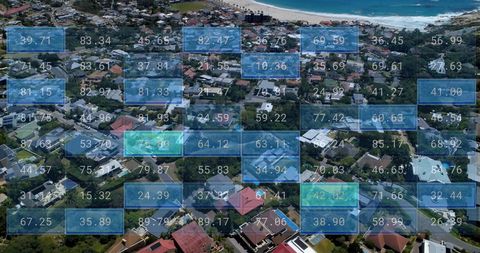 Financial Data Overlay on Cityscape Indicating Economic Activity