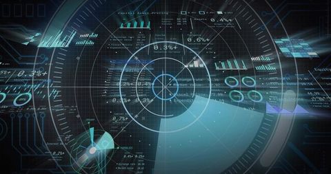Futuristic hud radar interface rotating rings scanning real-time data visualization