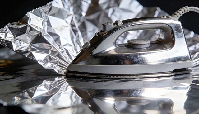 Vintage chrome iron reflecting on crumpled aluminum foil with glossy studio reflection