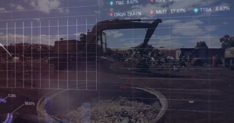 Industrial excavator in junkyard with financial graph overlay