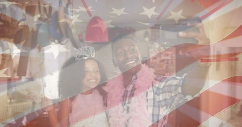 African American Father and Daughter Celebrating with US Flag Overlay