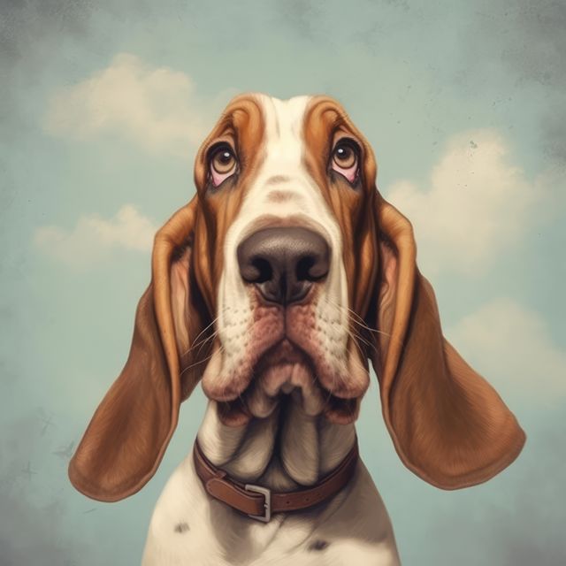 Portrait of cute basset hound on light blue background, created using generative ai technology. Animal, pet and dog concept digitally generated image.